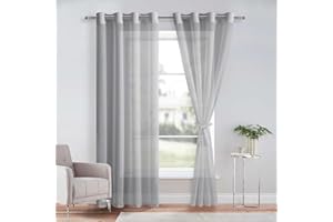 DWCN Grey Sheer Curtains with Tiebacks Semi Transparent Voile Grommet Curtains Elegant Window Curtains for Bedroom and Living Room,2 Panels,W56 x L90