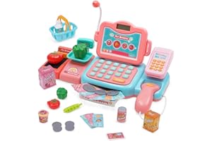 MAYCOLY Caja Registradora Juguetes, Maquina Registradora Juguete con Calculadora Micrófono, Calculadora, Sonido, Escáner, Comida, Cesta, Tienda Supermercado Regalo para Niñas Niños 3 4 5 Años