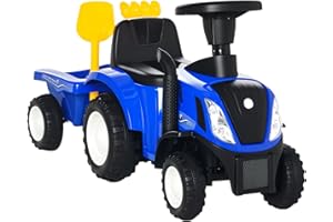 HOMCOM Sitzbagger New Holland Aufsitzbagger mit Lenkrad Lichtern Schaufel Kinderbagger mit Stauraum unter Sitz Rutschauto Baggerfahrzeug zum Sitzen bis 25kg, Draufsitzen für Kinder 1-3 Jahre Blau