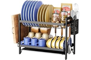 TIAZHAN Ociekacz do Naczyń Czarny, 2-poziomowa suszarka do naczyń Uchwytem na Sztućce, Ociekacz do Naczyń z uchwytem na przybory, ze uchwytem na deskę do krojenia, Stojak na Naczynia i Zestaw Ociekacza