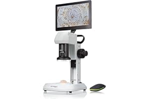 Bresser Microscopio LCD con análisis de luz y luz en 5 Niveles de Brillo, Zoom Continuo (0,7 x – 4,5 x), Pantalla de 22,5 cm y Enfoque Grueso y Fino, Blanco