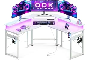 ODK Mesa de Gaming con LED, Escritorio de Gaming con 2 enchufes y 2 Puertos USB, con Amplia Superficie para el Monitor, Escritorio Gamer en Fibra de Carbono Blanco, 129x129 cm