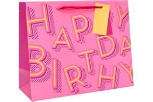 UK Greetings | Large Gift Bag for Her/Friend | Party Bags for Presents | Birthdays/Weddings/Mother's Day | Pink Happy Birthday Design | 33 x 26.7 x 13.7 cm
