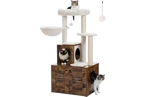 PETEPELA Arbre à Chat en Bois avec Maison de Litière, Meuble d'intérieur pour Chat Tout-en-Un avec Grande Plateforme, Niche, Tapis Lavables, Hamac, 127cm, Marron