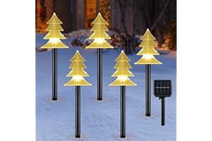 Lewondr Solar Christmas Pathway Lights, 5 PCS Solar Christmas Decorations Outdoor with 2 Lighting Modes, Xmas Tree Lights with Black Pole and Garden Stake, Waterproof Garden Yard Lawn Holiday Decor