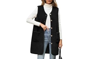 Tuopuda Teddy Fleece Gilet for Women Long Button Vest Sherpa Fluffy Sleeveless Jackets with Pockets Ladies Lightweight Outerwear Vests for Spring Fall Winter