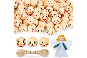 FENYW 120 Stück Holzperlen mit Gesicht, 3 Stile Lächelnde Gesicht Holzperlen, 20mm Holzperlen Natur Loch Smiley zum Auffädeln mit 10m Juteschnur für DIY Dekorationen Basteln