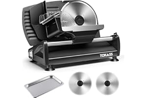 TOKASS 200Watt Elektrischer Allesschneider Edelstahl - Verstellbare Küchenmaschine 0 bis 15mm - 2 Klingen - Wurstschneidemaschine - Brotschneidemaschine, Schinkenschneider, Elektrisches Messer Fleisch & Käse