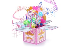 joyoldelf Damska kartka urodzinowa 50 lat - Muzyczna kartka z życzeniami 3D Pop Up, prezent na urodziny dla córki, idealna dla mamy, przyjaciela, matki, siostry, dziewczyny, towarzysza, imprezy