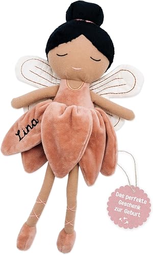 wunderwunsch Personalised Fairy Christening Gift Girl, Fairy, Gift Birth, Doll, Baby, 1st Birthday Girly, Cuddly Toy Personalised (Black Hair)