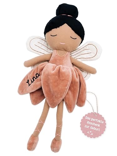 wunderwunsch Personalised Fairy Christening Gift Girl, Fairy, Gift Birth, Doll, Baby, 1st Birthday Girly, Cuddly Toy Personalised (Black Hair)