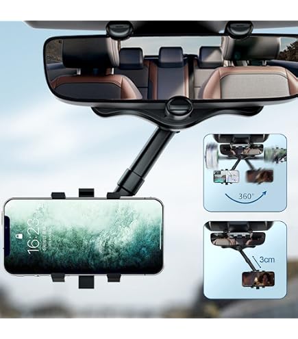 LURICO Supporto per telefono specchietto retrovisore, porta cellulare auto specchietto, Supporto Telefono Auto 360° Girevole e Retrattile Multifunzionale Portacellulare Universale per Auto