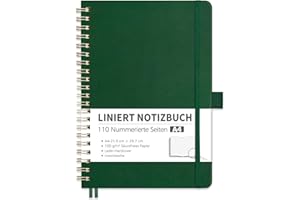 ‎RETTACY RETTACY Notizbuch A4 Liniert, Bullet Journal mit 100 g/m² Dickem Papier, 55 Blatt/110 Nummerierten Seiten, Collegeblock für Büro und Schule, Lederhülle, Dunkelgrün, 21 cm x 29.7 cm