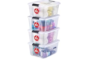 Iris Ohyama, Boite Rangement Plastique avec Couvercle, 15L, Lot de 4, Transparent, Clips de Fermeture, Empilable, Organisation, Bureau, Sans BPA, Caisse Rangement Plastique, Bac, NTB-15