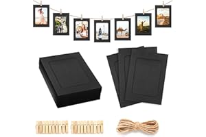 Gyxcelc 20 Stücke Fototaschen zum Aufhängen Schwarz 10 x 15 cm Fotorahmen aus Pappe,Fotorahmen Papier Selbstklebende Bilderrahmen zum Foto Netz Klassenraum- mit Holzklammern und Hanfseilen