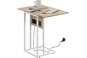 HOMCOM Mesa Auxiliar con Encimera Plegable, Estación de Carga, Mesa Auxiliar para Sofá, Forma de C, con Puerto USB y USB-C, para Salón, Dormitorio, 39x29x57 cm, Blanco y Natural