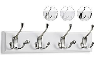 LARHN Wall-Mounted Coat Rack - 4 Matt-Nickel Triple Coat Hooks for Wall on White Wooden Bamboo Base - 42 cm - All Fixings Included