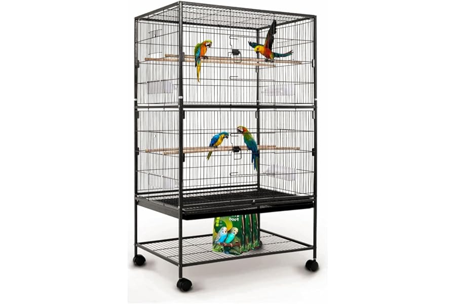 Large 132cm Flight Cage Stand Wheels Rolling Portable Metal Bird Cage Tray For Parrot Cockatiels Quaker Parakeets Green Cheek Conures Cockatoo Parrot Budgies Canary (Black 132x79x51.8cm)