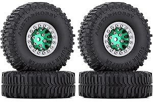 INJORA 1.0 RC Pneumatici Cerchioni e Fango Wheel Set per 1/24 RC Crawler Auto Axial SCX24 AXI90081 AXI00001 Upgrade Parts,Argento & Verde(W1049-T2430)