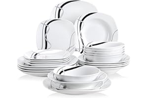 VEWEET 'Fiona' 24-Piece Dinner Set Ivory White Black Lines Combination Sets Porcelain Tableware Set of Bowls/Dessert Plates/Soup Plates/Dinner Plates, Service for 6