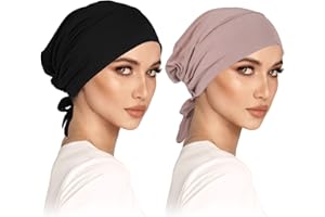 WLERTCOP Pack de 2 turbantes para mujer y mujer, gorro de hijab clásico, gorro islámico musulmán con lazo en la parte trasera, color sólido, gorro de hijab