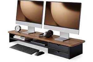 Fenge Dual monitorstativ Riser med 2 akryllådor 108 cm stort datorskärmstativ för PC/laptop/fax/skrivare/TV-skärm, brun + sva