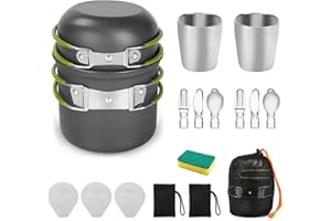 Qupzze Camping Cookware Mess Kit, Cooking Gear for Outdoor, Cooking Equipment with Aluminum Pot and Pan Set, Stainless Steel Cup, Foldable Camping Pots for Hiking, Picnic, Campfire