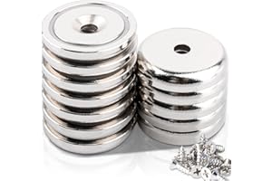 Keukenket 36 mm Super Strong Neodymium Magnets, Pack of 12 Rare Earth Magnets with Round Base, Countersunk Holes, Screw for Kitchen Crafts, Wood, Hanging Tools