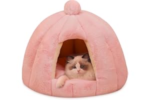 ALLSOPETS Cama Cueva para Gato Tienda para Mascota Cama Cálida y Acogedora para Perro con Cojín Desmontable y Lavable Nido Iglú para Gatos y Perros Pequeños y Medianos (Rosa Sakura, S)