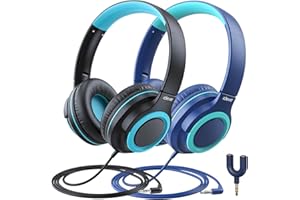iClever Casque Audio Enfant 2 Packs, Filaire Casque pour Enfants avec Répartiteur de Partage, 85dBA Volume Limité Stéréo Pliables, Bleu Foncé &Noir