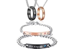 Partner Geschenke Paar Pärchen Armbänder Partnerringe Ketten, Edelstahl Panzerarmband mit Gravur His Queen und Her King Rosegold schwarz Silber (King Queen Armband + Anhänger Set)