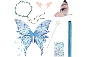 DAZZTIME Feenflügel Kostüm,Feenflügel Erwachsen,Schmetterlingsflügel,Prinzessinnenflügel,mit ElfenöHren,Fee Stirnband und Sterne FeenstäBe,für Karneval Mottoparty Halloween Weihnachten Rollenspiele