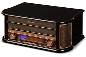auna Belle Epoque 1908 - Reproductor de Vinilo, Tocadiscos estéreo Retro, Tocadiscos de Vinilo, Radio Digital, Reproductor de CD, MP3, RDS, Casete, USB, Digitalizador, Mando a Distancia, Negro