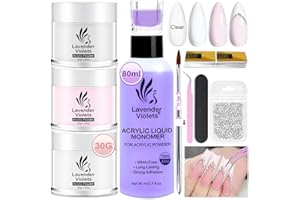 Lavender Violets Acrylic Nail Kit 30g x3 Clear,White,Pink Acrylic powder and monomer Liquid Set 80ml 3D Carving French Nail Art Brush,Rhinestones,Strengthen Nail Forms,Dappen Dish,Tweezers File N301