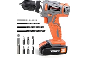Terratek Cordless Drill Driver 18V Lithium-Ion, 13Pc Electric Screwdriver Set, LED Work Light, Electric Drill Quick Change Power Drill Battery and Charger Included