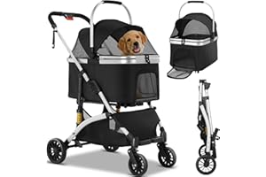 MAMIZO Foldable Pet Stroller - 3 in 1 Dog and Cat Pushchair with Storage Basket Net Window Cup Holder - 360° Wear-Resistant Rubber Wheels Travel Carrier for Small Pets (Silver Black)