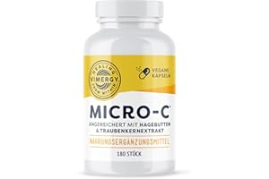 ‎VIMERGY Vimergy Micro-C Vitamin C Kapseln - 180 Stück – 500 mg Vitamin C, Säurearmes Vitamin C Hochdosiert – Hagebutte – Für mehr Vitalität – Glutenfrei – Koscher – Geeignet für Veganer