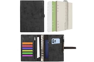 Wonderpool Carpeta de Cuero A5 6 Anillas Papel Punteado Organizador Recargable Cuaderno de Escritura y Funda con Múltiples Bolsillos Para Viajes de Estudio de Negocios (A5, Negro)