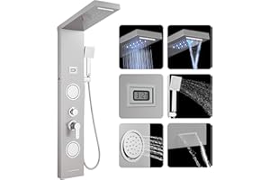 ROVOGO LED Colonne Panneau de Douche Hydromassante avec Robinetterie et Affichage, 5 Modes - Douche de Cascade, Pluie, Douchette, Jets de Massage, Bec de Baignoire, Brossé Acier Inox, Montage Mural