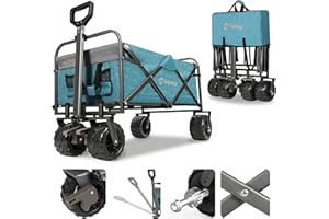 Sekey Folding Festival Trolley with Wide All-Terrain Wheels, 440LB Large Load Capacity, Heavy-Duty Camping Wagon with Brake, Sturdy Beach Garden Cart, Adjustable Handles & Drink Holders, Light Blue