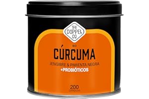 THE DOPPEL CO 200 Cápsulas BIO Cúrcuma con PROBIÓTICOS Jengibre y Pimienta Negra - Máxima Dosis 1460mg - Antioxidante y Antiinflamatorio Natural - Articulaciones y Huesos - Certificación Ecológica