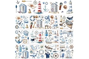 ‎ARRICRAFT arricraft 12 Blatt Sommer Ozean Nautische Rub On Transfers Zum Basteln Schiff Leuchtturm Meeresleben Rubbel Transferaufkleber Sommer PVC Rubbelaufkleber Zum Aufkleben Für Heimwerker Wohnmöbel