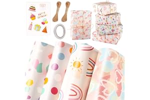 XREE Papel Regalo Infantil, 4 Hojas 70 x 50 cm Papel Envolver Regalo Papel Regalo Cumpleaños con Cuerda de Papel Kraft Pegatinas de Cumpleaños Cinta Adhesiva de Doble Cara para Cumpleaños Infantil Fiesta