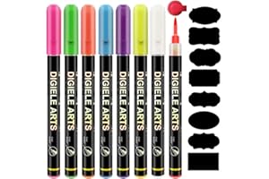 DIGIELE Kreidestifte, 0.7-1mm Fein TIPP Kreidemarker, 8 Bunt Neon Kreidestift, Trocken oder Feucht Abwaschbar für Tafel, Fenster, Glas und Andere Nicht Poröse Oberflächen, 16 Tafelaufkleber Verpackt