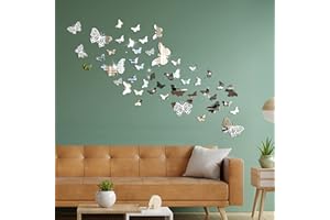 SWIRLCOLOR Butterfly Mirror Wall Stickers, 48pcs Acrylic Wall Art Stickers Silver Butterfly Mirror Stickers for Living Room Bedroom Office (2 Styles)