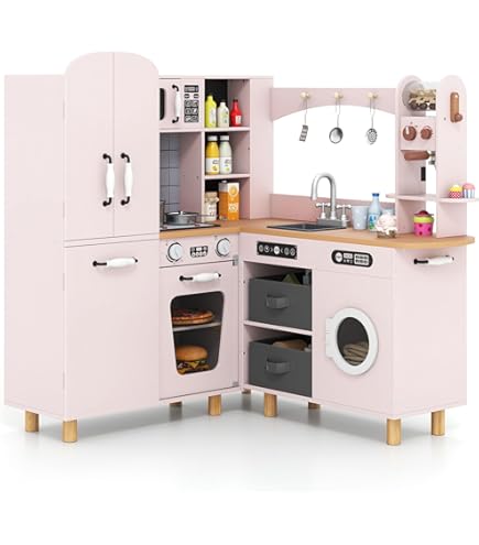 COSTWAY Kinderkeuken hout, speelkeuken met licht en geluid, houten keuken hoek met afzuigkap, watercirculatiesysteem, waterdispenser en wasmachine, incl. accessoires, voor kinderen vanaf 3 jaar (bruin
