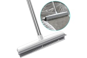 SWETHAW 2 in 1 Rubber Broom with Squeegee Edge, Carpet Brush with Adjustable Long Handle Outdoor Soft Push Broom for Pet Cat Dog Hair Removal Carpet Kitchen Garden Yard Window Cleaning