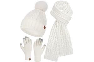 Bequemer Laden Femmes Hiver Bonnet Écharpe Longue Gants Tactiles Ensemble Bonnets Chaud Tricot avec Pompon Doublure Polaire Cadeau Femme