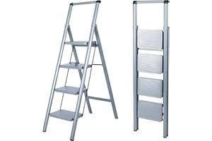 UZIRO Escabeau 4 Marches, Escabeau Pliable et Compact, Echelle Décorative avec Marche Pied Antiscivolo, Idéal pour Maison, Peinture et Décoratif, Durable, Facile à Ranger, Couleur Gris