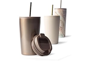 ‎MAMEIDO MAMEIDO kubek termiczny ze słomką 470 ml, kubek do picia z pokrywką i słomką ze stali nierdzewnej z podwójną ścianką izolowany, szczelny kubek coffee to go (Rosé Quartz)